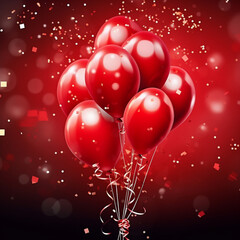 helium balloons floating with confetti and streamers on a coloured background