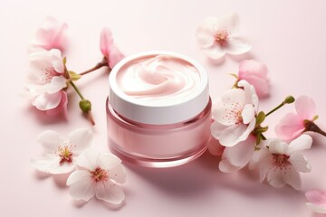 Fototapeta na wymiar Aromatic Cosmetic cream pink flowers. Body beauty. Generate Ai