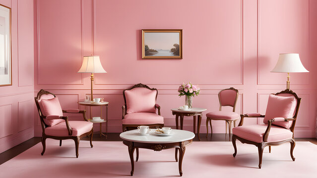 Pretty Pink Paradise: Two Comfortable Chairs and a Tea Table in a Blush-Themed Retreat