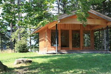 A wooden house in the spring forest