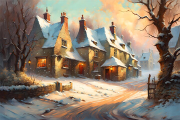 winter scene with snow falling on an english village street with old traditional houses - obrazy, fototapety, plakaty