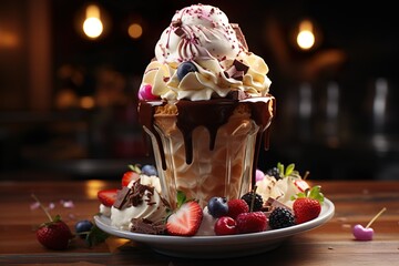 Glass of chocolate ice cream with fruits