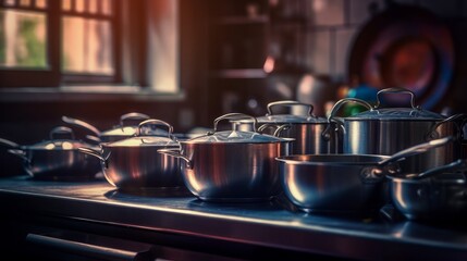 The Ultimate Kitchen Arsenal: Pots, Pans, and Steel Delights for Home and Café Cooks!, generative AI - obrazy, fototapety, plakaty