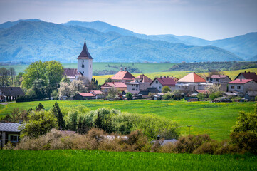Church and village in a beautiful green spring landscape