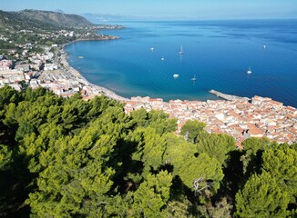 Aerial view of the town of Cefalu on a sunny day in Sicily