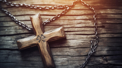 christian cross with prayer chain lying on a wooden ground