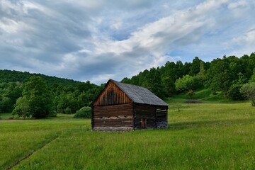 Aged wooden cabin amongst a picturesque landscape of lush green grass and majestic mountain