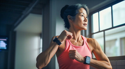 portrait of a happy middle aged asian woman doing workout at  the fitness studio - obrazy, fototapety, plakaty