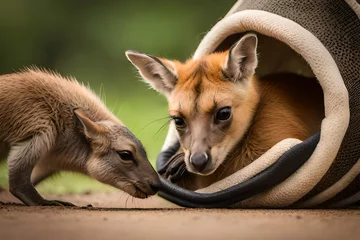 Fotobehang Create an endearing scene featuring a baby kangaroo peeking out of its mother's pouch © Hassan