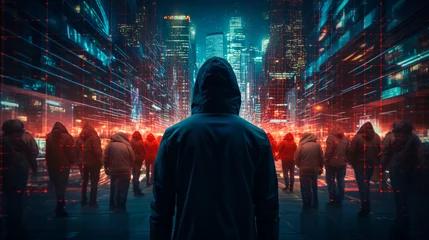 Foto op Plexiglas Anonymous hacker, surrounded by a network of glowing data. Cybersecurity, Cybercrime, Cyberattack. Generative AI   © FutureFocus