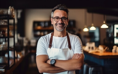 Coffee shop owner man standing in front of his café. Generative AI