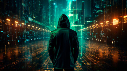 Anonymous hacker, surrounded by a network of glowing data. Cybersecurity, Cybercrime, Cyberattack. Generative AI	
 - obrazy, fototapety, plakaty