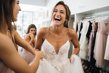 Joyful Friends Celebrating a Wedding Dress Purchase at a Boutique