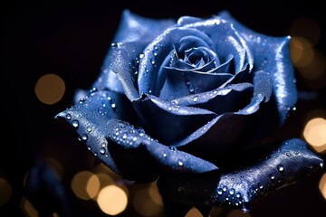 Blue Rose with Dew Drops on Dark Background