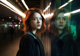 Obraz premium Young Woman Reflecting on Glass Wall Outdoors