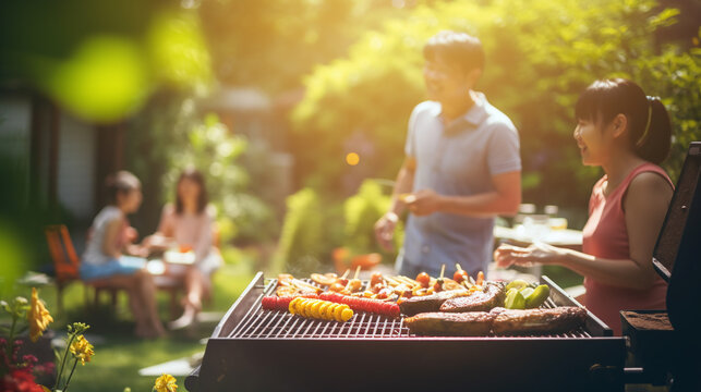 asian family and friends having fun at picnic with barbecue in the garden
