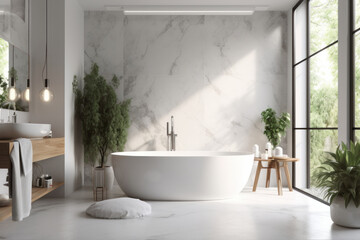 A modern and spacious bathroom with a luxurious white bathtub placed next to a window, creating a bright and airy atmosphere for relaxation and rejuvenation. AI Generative.