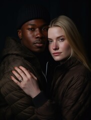 Embracing Love: Interracial Couple's Portrait on Black Background
