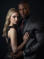 Interracial Couple Embracing in Studio Portrait