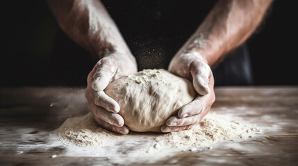 Close up of hands kneading dough while baking in bakery