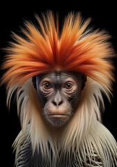 Obraz premium A Monkey's Comic Display of Crazy Spiked Orange Hair - Embracing Nature's Whimsical and Entertaining Moments. Generative AI.