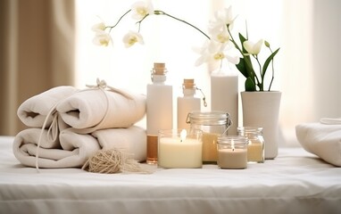 Fototapeta na wymiar Towels with herbal bags and beauty treatment items setting in spa center. Generative AI