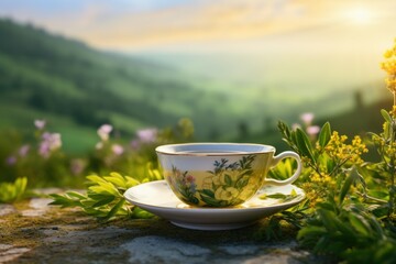 Delicate Nature tea cup. Healthy drink. Generate Ai - obrazy, fototapety, plakaty