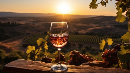 Drinking glass on the table in the grape garden at sunset.