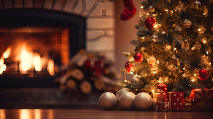 Christmas tree with decorations near the fireplace with lights and garland. Christmas background.