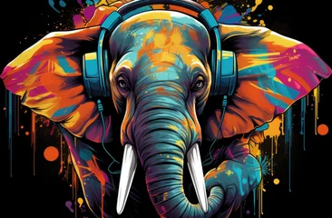 Foto op Canvas A colorful elephant with headphones on © Maria Starus