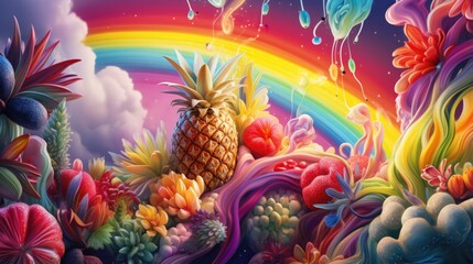 A painting of a pineapple surrounded by flowers
