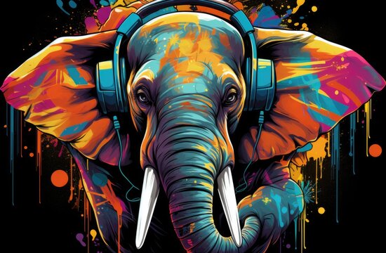 A colorful elephant with headphones on