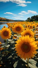 A close up of sunflowers in a sunflower field in the summer along a river with mountains and trees faded in the backdrop.