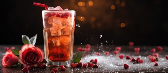 Valentine s day cocktail with roses and hearts on a festive background