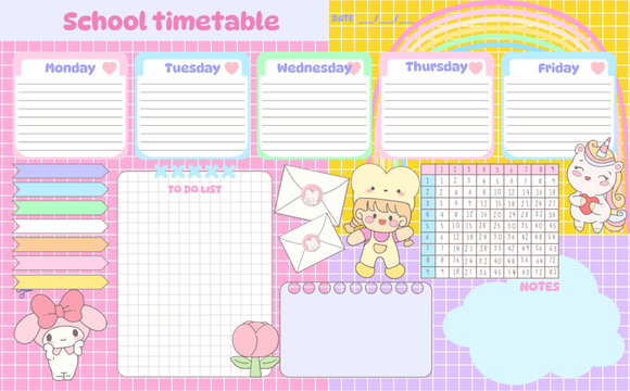 Cute School timetable weekly schedule note's reminder planer for day with kawaii cartoon character girl on soft color pink blue rainbow colored with baby girl card