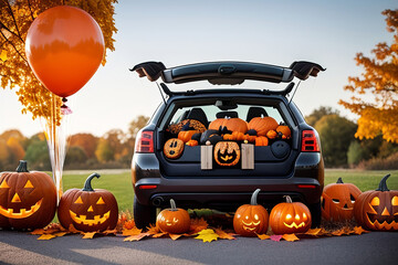 A large car decorated for Halloween with cobwebs, pumpkins, orange balloons and sweets. The concept of a creative outdoor event in autumn - obrazy, fototapety, plakaty
