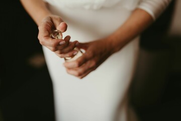 Woman is wearing a white half-sleeve wedding dress with buttons along the sleeves - Powered by Adobe