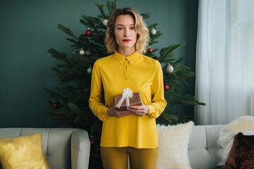 A woman in a yellow shirt holding a gift created with Generative AI technology