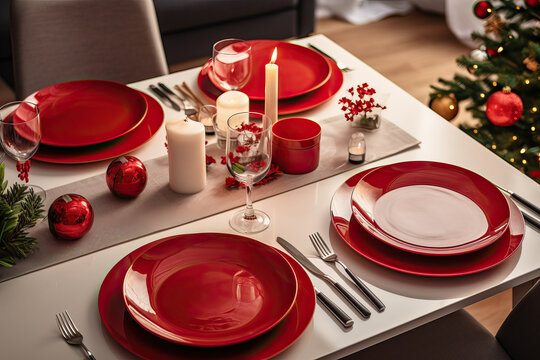 A christmas table setting with red plates and silverware created with Generative AI technology