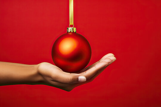 A hand holding a red ornament on a red background created with Generative AI technology