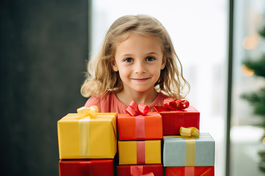 A little girl holding a stack of presents created with Generative AI technology