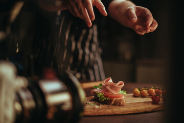 Professional shooting of food in advertising and cinema. Close-up. The work of a food stylist on the set.