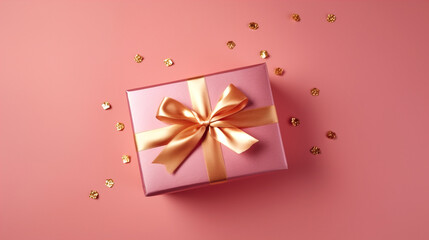 Generative AI illustration of pink gift with bright orange bow and ribbon placed on pink background near confetti