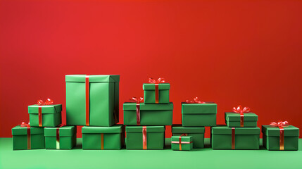 Generative AI illustration of green gifts with bright red bows and ribbons placed on green table against red background