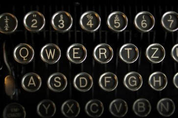 Top view of letters QWERTZ on a German 1920's mechanical typewriter keyboard