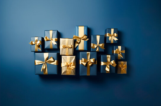 Generative AI illustration of blue and golden gifts with golden bows and ribbons placed on blue background