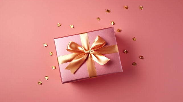 Generative AI illustration of pink gift with bright orange bow and ribbon placed on pink background near confetti