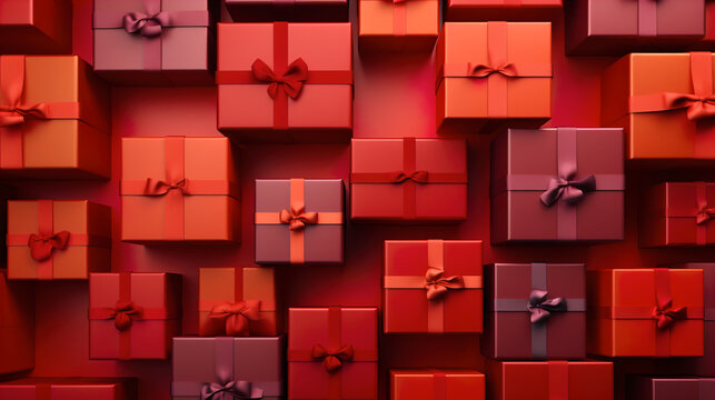 Generative AI illustration of full frame of red gifts with ribbons and bows on red background