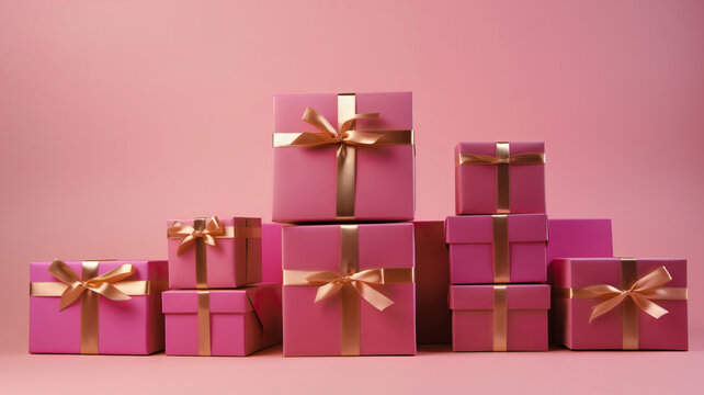 Generative AI illustration of pink gifts with bright orange bows and ribbons placed on pink background