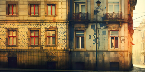 Generative AI illustration of view to street the facade of old houses in lisbon